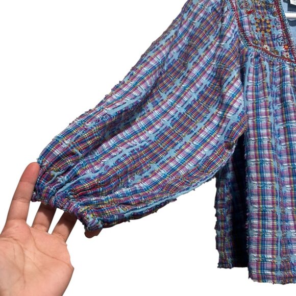 Sundance Peasant Embroidered Top Women Small Blue Plaid Puff Sleeves Boho Dainty - Picture 15 of 16